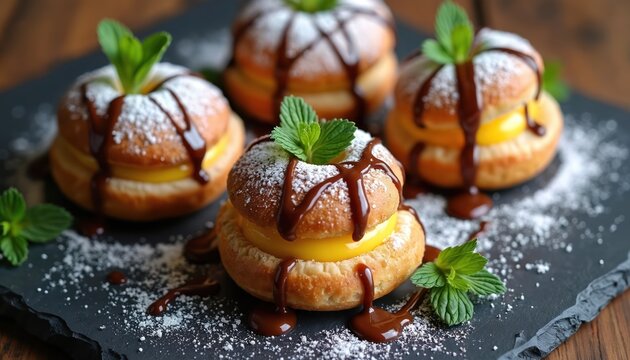 Four sweet pastries filled with yellow cream and topped with powdered sugar, chocolate drizzle, and fresh mint leaves. These round, doughy treats sit on a dark slate surface.