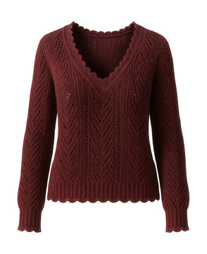 V-neck knit sweater in rich burgundy featuring pointelle details and scalloped edges.