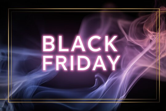 Neon text BLACK FRIDAY against black background, swirling pastel smoke, light leaks and lens flares