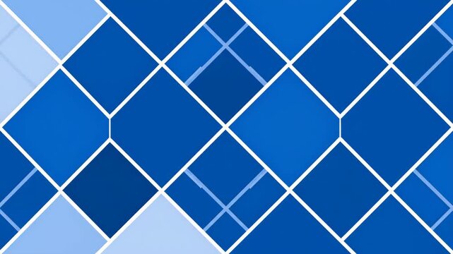 A geometric pattern design composed of interlocking blue and white squares creates a sense of depth and form