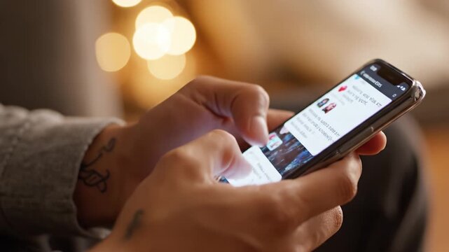 Close-up of a person's hands scrolling a social media feed on a smartphone. The warm, cozy background with bokeh lights creates a relaxed mood. Ideal for tech or lifestyle concepts.