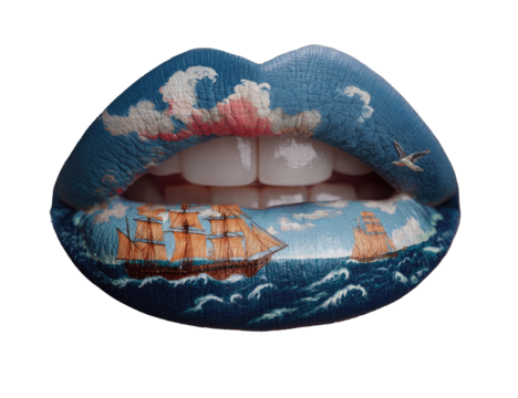 Painted lips depicting a seascape with sailing ships, clouds, and a flying bird