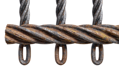 A close-up view of thick, twisted metal cables with small loops, showing age and rust