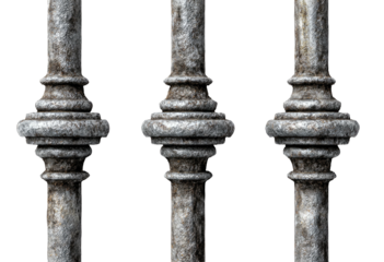 Textured, weathered gray metal bars with decorative elements, isolated against a transparent background