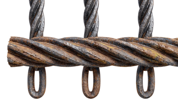 A close-up view of thick, twisted metal cables with small loops, showing age and rust - Powered by Adobe