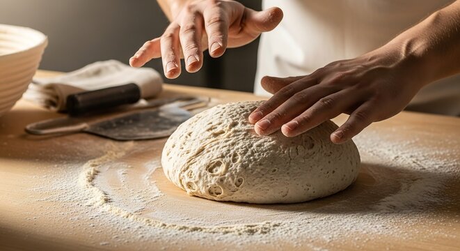 Baker shaping artisan sourdough by hand on floured surface, warm natural morning light and cinematic shadows, tactile bakery photography for premium artisan branding