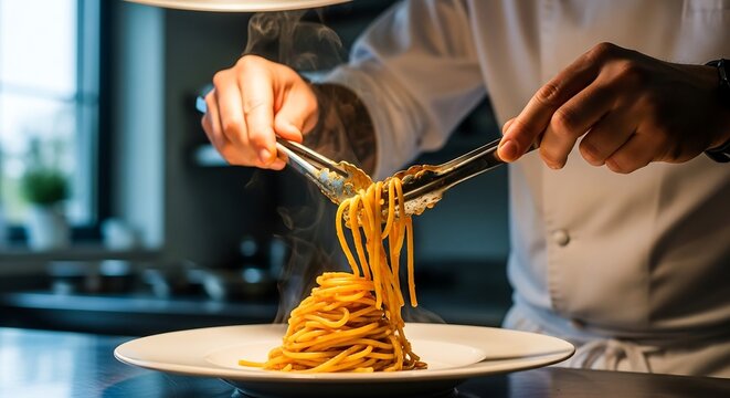 Chef plating gourmet pasta with precision using steel tongs, warm glossy sauce highlights and dramatic spotlight, culinary plating photography for premium restaurant branding