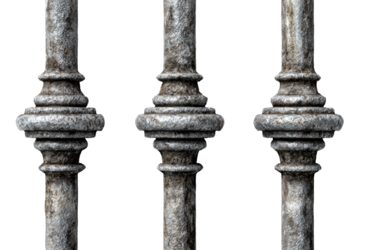 Textured, weathered gray metal bars with decorative elements, isolated against a transparent background