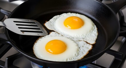 Four egg yolks of perfectly round shape are frying in an old cast-iron pan on a white stove, creating a hearty breakfast. This close-up shot captures the process of cooking, highlighting the vivid