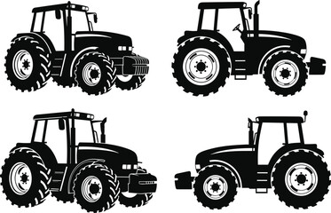 Farm agricultural tractor icons, heavy duty farming vehicle silhouettes, rural machinery transport collection, black diesel engine  set, countryside field equipment design, cad drawing flat vector 