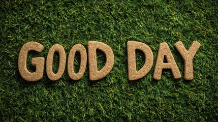 Inspirational Good Day Decorative Letters on Green Grass Background for Positive Vibes and Uplifting Messages in Nature Settings