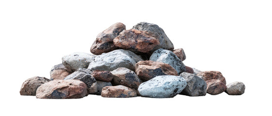 Obraz premium A pile of various-sized rocks, predominantly gray and brown, on a transparent background