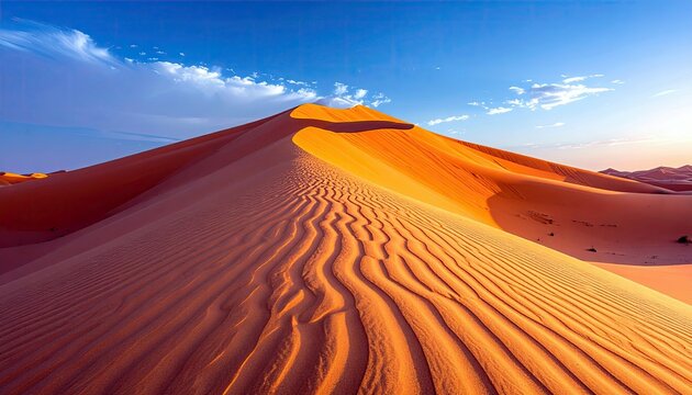Expansive desert landscape featuring large, sculpted sand dunes with intricate ripple patterns under a clear blue sky. - Powered by Adobe