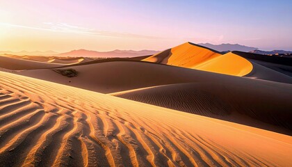 Vast desert landscape with undulating sand dunes bathed in the warm glow of sunset, highlighting the intricate patterns of wind-blown sand.