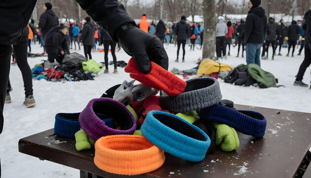 Volunteer placing colorful thermal headbands on "lost and found" bench at winter marathon