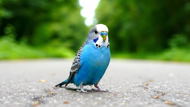 A vibrant blue parakeet stands on a grey surface with a soft, blurred green background of trees