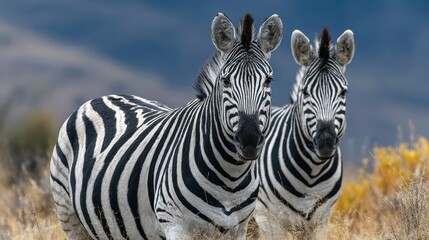 Fototapeta premium Herd of zebras stand in the tall yellow grass of Etosha National Park, Namibia, under a blue sky on a bright and sunny day