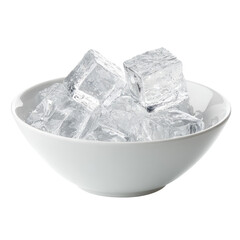 A white bowl filled with clear, crystalline ice cubes. The background is a transparent black