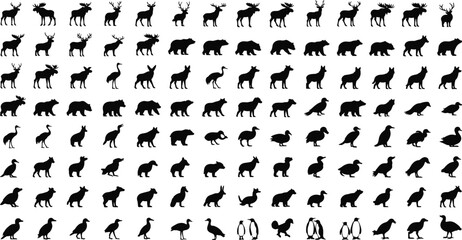 Wild animal silhouette pattern, deer bear fox bird penguin icons, seamless wildlife creature collection, forest and arctic animals set, black flat design background, cad drawing flat vector 