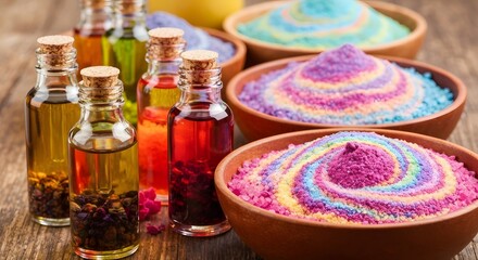 Colorful bath salts and massage oils in bottles on wooden table.