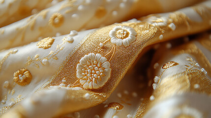 Close-up of traditional Thai clothing design featuring golden silk patterns and intricate embroidery white background 