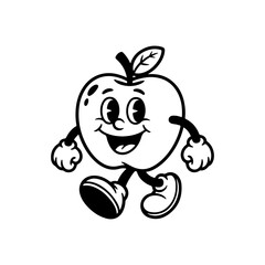A black and white cartoon mascot of a cheerful apple walking, featuring large eyes, a smiling face, arms, legs, and classic retro animation style gloves and shoes.
