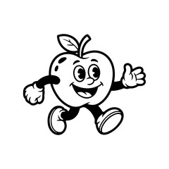 A black and white cartoon mascot of a cheerful apple walking, featuring large eyes, a smiling face, arms, legs, and classic retro animation style gloves and shoes.