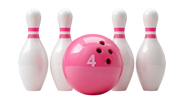 A pink bowling ball with the number 4 stands centered, surrounded by four bowling pins