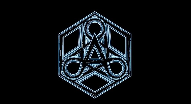 Futuristic Abstract Geometric Hexagon Symbol with Esoteric Shapes and Glowing Blue Neon Outline on Black - Powered by Adobe