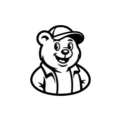 A cheerful black and white cartoon mascot of a bear wearing a baseball cap. The bear is smiling, gesturing with a raised thumb or hand on its hip. Ideal for sports or worker themes.