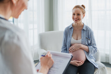 Female doctor examining pregnant woman in doctor office. Pregnant girl patient have consultation in...