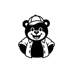 A cheerful black and white cartoon mascot of a bear wearing a baseball cap. The bear is smiling, gesturing with a raised thumb or hand on its hip. Ideal for sports or worker themes.