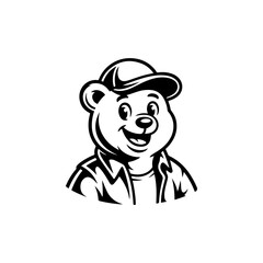 A cheerful black and white cartoon mascot of a bear wearing a baseball cap. The bear is smiling, gesturing with a raised thumb or hand on its hip. Ideal for sports or worker themes.
