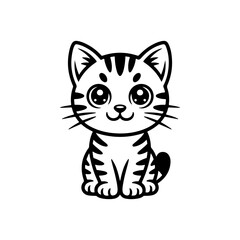 A black and white cartoon vector illustration of a cute, friendly tabby cat sitting. The kitten has big, sparkling eyes and prominent stripes,  in a simple, adorable style.