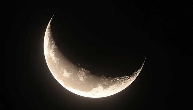 Crescent moon floats in blackness showing illuminated surface details and craters. Thin bright sliver shines against deep space background. Light casts shadows creating relief texture.