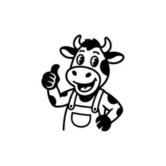 Fototapeta premium A black and white cartoon mascot of a cheerful cow wearing overalls. The character is smiling and giving a confident thumbs up gesture, ideal for dairy or farm themes.