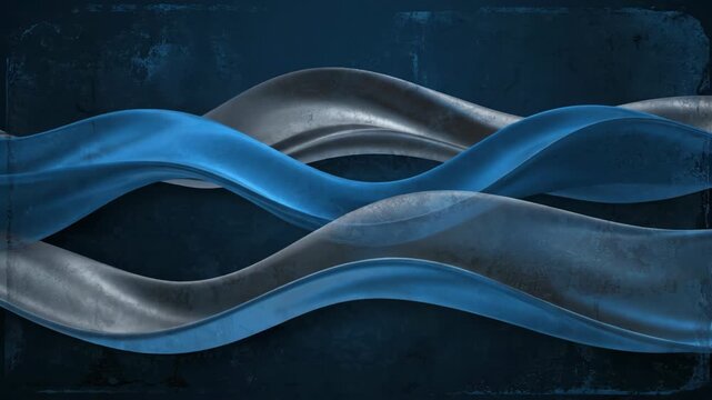 Abstract background features fluid lines, with varying shades of blue and gray. Dark, textured backdrops complement the flowing shapes