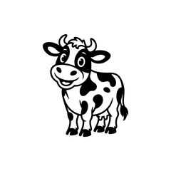 A black and white cartoon mascot of a spotted dairy cow standing and smiling. The character is in a simple, friendly style, ideal for milk or farm related businesses.