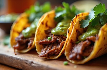 Close up photo shows three delicious tacos on wooden board. Each taco has tender meat fresh salsa and herbs. Food represents Mexican cuisine street food and meal.