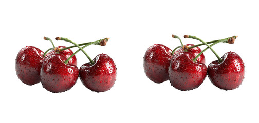 Fresh ripe cherries with water droplets close up view on transparent background