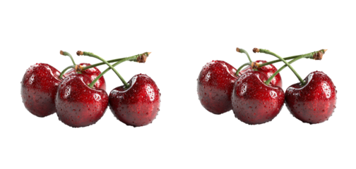 Fresh ripe cherries with water droplets close up view on transparent background