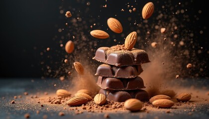 Chocolate bars explode with cocoa dust, almonds. Dark chocolate pieces break apart, releasing brown powder, nuts into air. Stack of chocolate bars surrounded by almonds, cocoa powder on dark