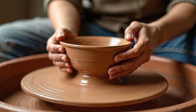Person centers on pottery wheel creating ceramic bowl with focused attention. Hands mold clay skillfully showing mindful craftwork, creative process. Warm tones highlight artistic creation in studio