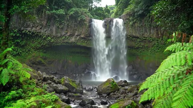 Majestic waterfall cascades down lush, green tropical forest cliffs, ideal for travel visuals