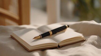 Soft flat lay of open blank notebook and elegant fountain pen on linen fabric background, with warm daylight and muted tones — cozy aesthetic perfect for journaling blogs, mindfulness content,