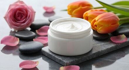 Close-up of cream, rose, tulips and stones for skincare concept.