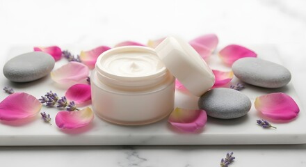 Cosmetic cream jar with rose petals and stones on a marble tray for skincare and spa treatments.
