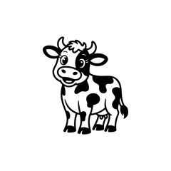 A black and white cartoon mascot of a spotted dairy cow standing and smiling. The character is in a simple, friendly style, ideal for milk or farm related businesses.