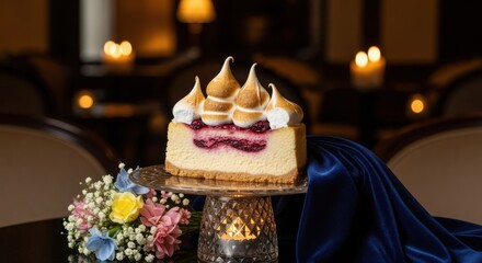 Peanut butter cheesecake A slice of decadent cheesecake with meringue topping and berry filling, elegantly presented on a decorative stand with a blue cloth.