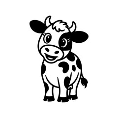 A black and white cartoon mascot of a spotted dairy cow standing and smiling. The character is in a simple, friendly style, ideal for milk or farm related businesses.